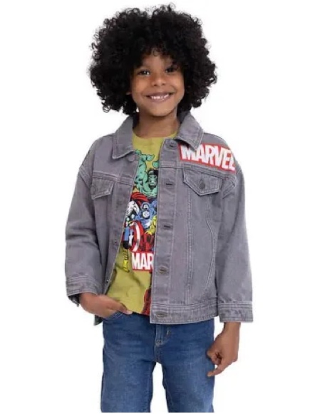 Marvel Kids' Gray Denim Jacket with Logo Shoulder Patch